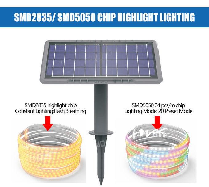 10m 2835 Outdoor Rope Solar Lights 3500K LiFePO4 Solar Led Tape Lights 3