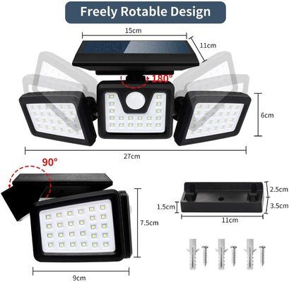 72LED IP65 3 Head Solar Security Light With Motion Sensor 360 Degree
