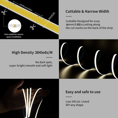5mm Ultra Slim COB LED Strip 384LEDs/M 12V/24V High Density RA90 3000K Flexible Linear Dimmable Super Thin COB LED Tape