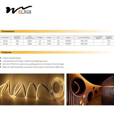 5mm 8mm COB Strip Light 5m Roll 5W/M LED Dimmable Light Strips