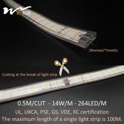 Super Bright 3-Row LED Strip Lights 2835 264 LEDs/m for Residential Outdoor CRI Ra 80