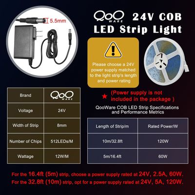 2560LEDS CRI 90 8mm Flexible Unified COB LED Light Strip 5M 2700K Warm White DC 24V