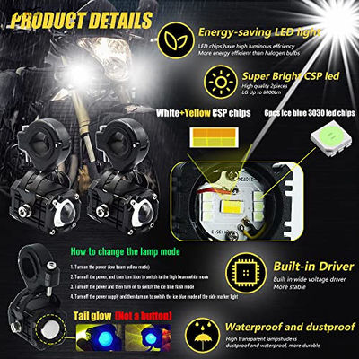 Motorcycle LED Fog Running Lights 4 Functions 3 Colors High Beam DRL Flashing Warning