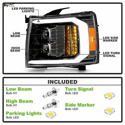 Waterproof Head Lights Gun Metal w/ Dual Projector LED Signal Headlamps w/ Clear Lens