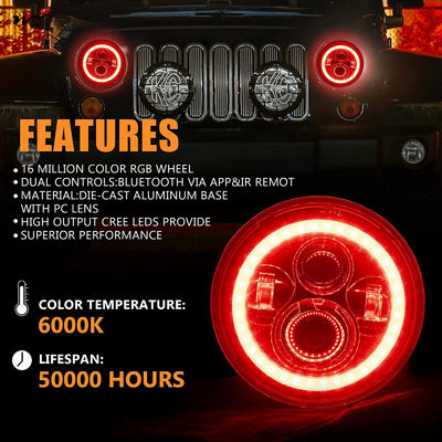 7 Inch Round Car Headlights with RGB LED Halo High Low Beam Aluminum Sealed Beam Headlamps