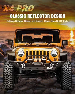 Black 7 inch LED Headlight Round Reflector with Amber Turn Signal and White Hi/lo Beam