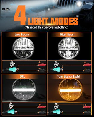 Black 7 inch LED Headlight Round Reflector with Amber Turn Signal and White Hi/lo Beam