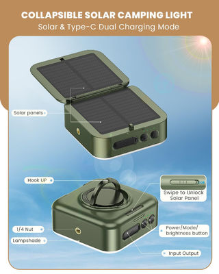 Assembled Height 1.77 inches 1000LM 5 Modes Solar/USB Rechargeable Camping Lantern